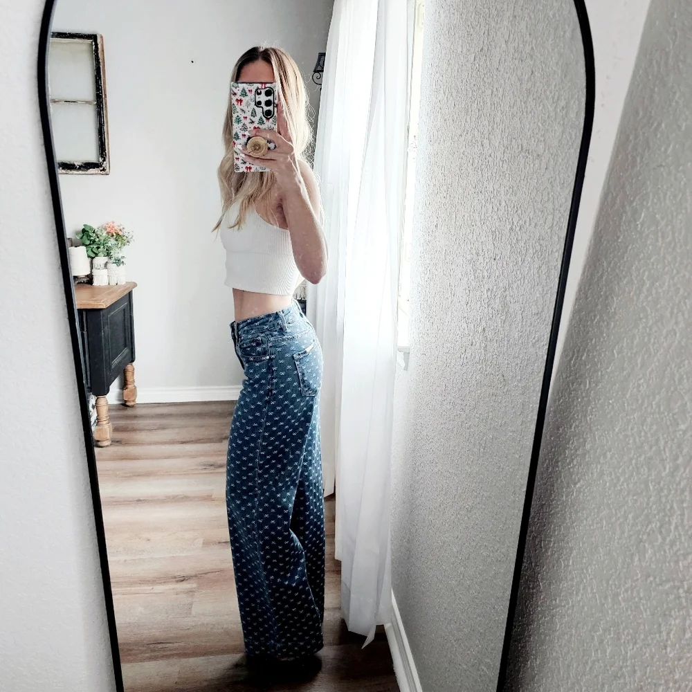 Risen High Rise Dark Wash Classic Wide Leg Jeans Bow Embroidered Various NEW - Picture 10 of 15